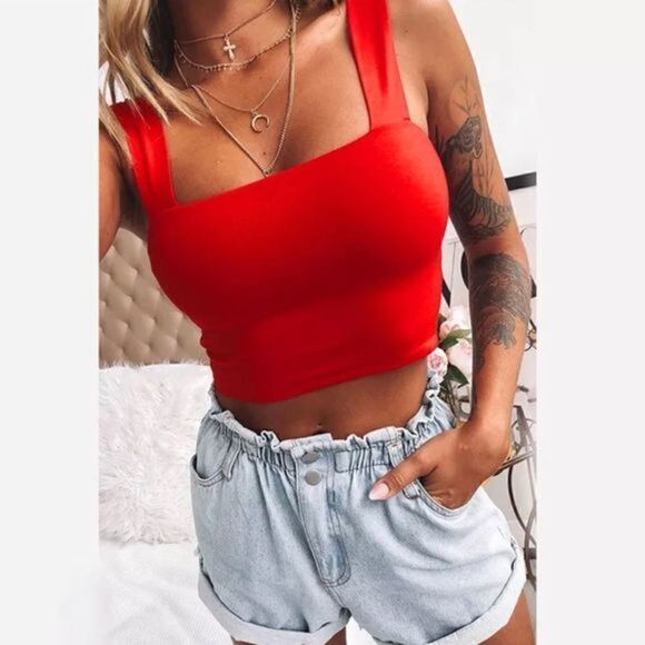 Square Neck Red Crop Top - Picture 1 of 6